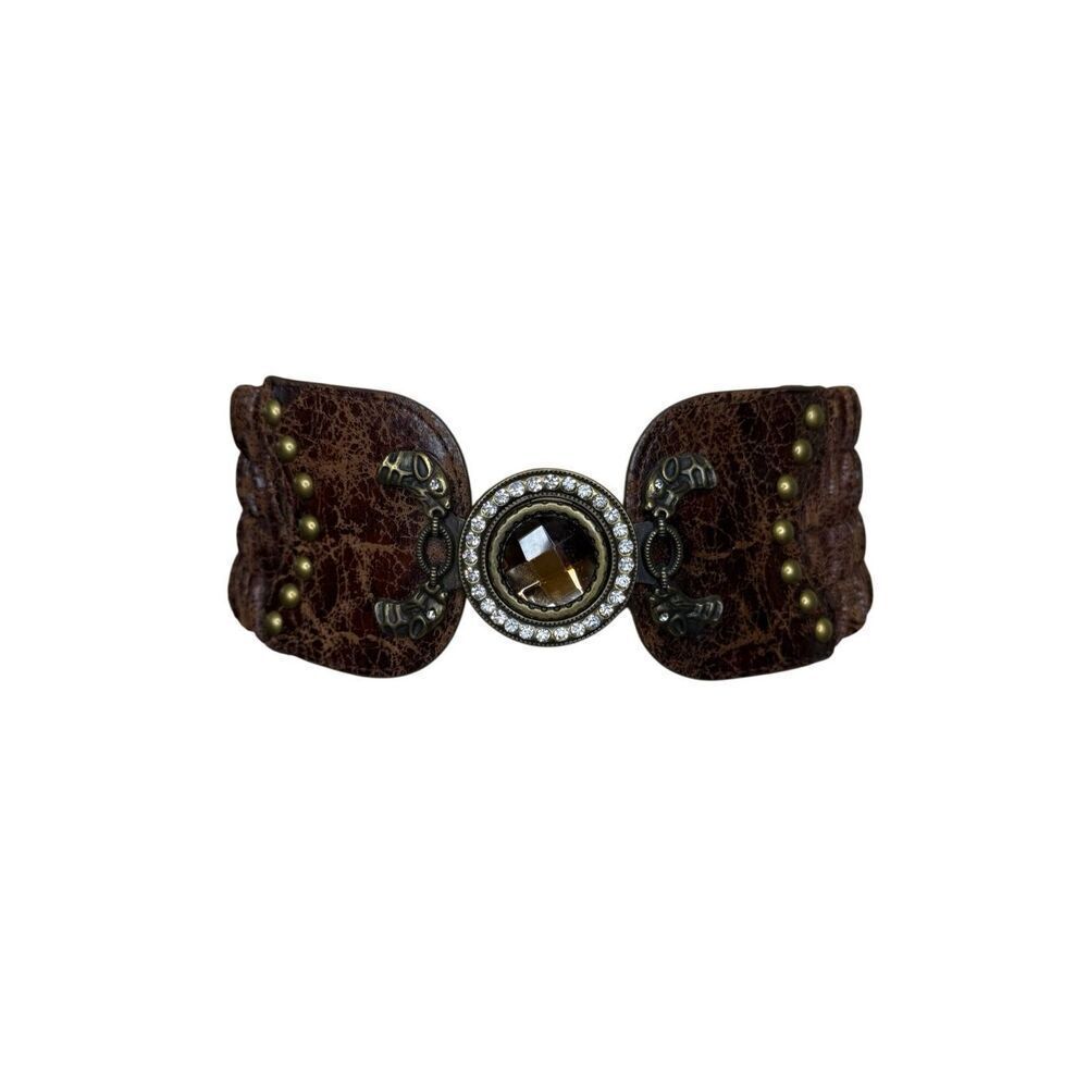 Vintage Belt Brown Distressed Leather Amber And Rhinestone Center Size M Gothic